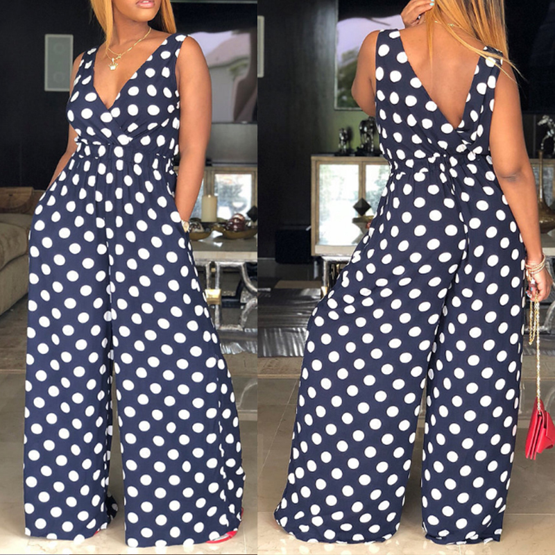 navy blue and white polka dot jumpsuit