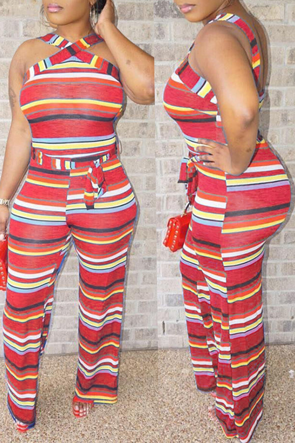 

Lovely Euramerican Striped Red One-piece Jumpsuit (With Belt )