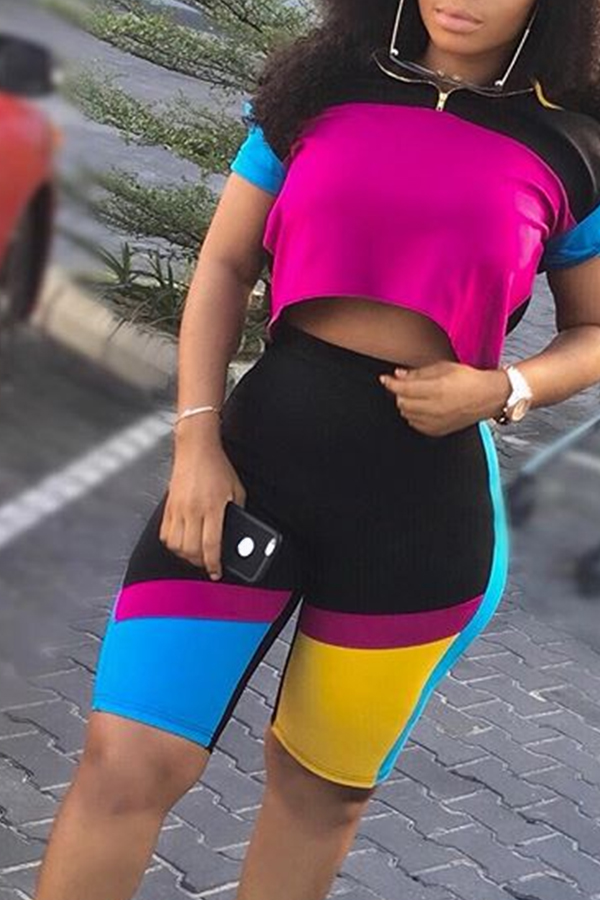 

Lovely Fashion Turndown Collar Color Block Patchwork Two-piece Shorts Set