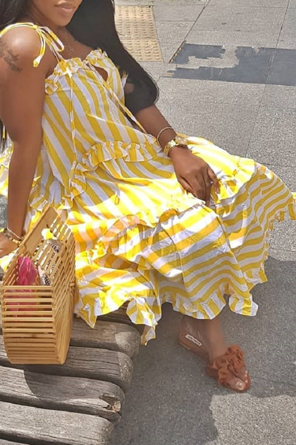 

Lovely Casual Striped Flounces Design Yellow Ankle Length Dress