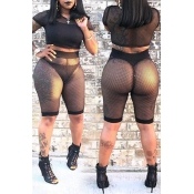 Lovely Sexy See-Through Black Two-piece Shorts Set
