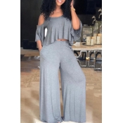 Lovely Casual Dew Shoulder Loose Grey Two-piece Pa