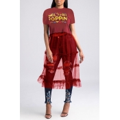 Lovely Street Round Neck Letter Patchwork Red T-sh