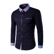 Lovely Casual Patchwork Navy Blue Shirts