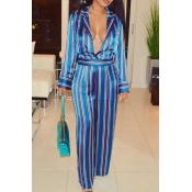 Lovely Euramerican Striped Blue One-piece Jumpsuit