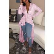 Lovely Casual Asymmetrical Striped Pink Blouses