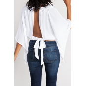 Lovely Leisure Round Neck Backless White T-shirt