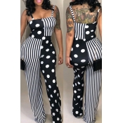 Lovely Casual Dots Printed Striped Black One-piece