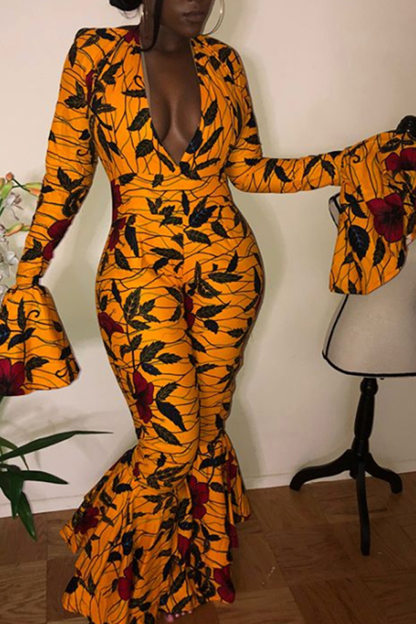 

Lovely Euramerican Horn Sleeves Printed Yellow Twilled Satin One-piece Jumpsuits