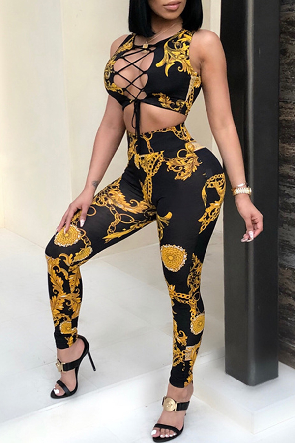 

Lovely Sexy Hollowed-out Printed Black Qmilch Two-piece Pants Set