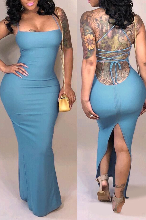 

Lovely Casual Backless Baby Blue Qmilch Ankle Length Dress