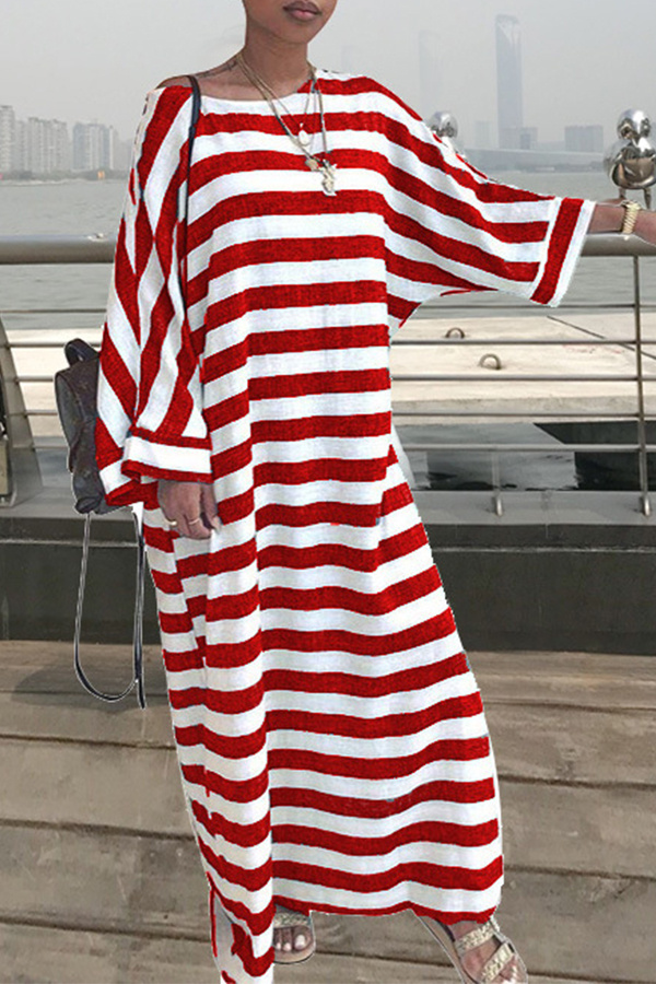 

Lovely Casual Striped Loose Red Blending Ankle Length Dress