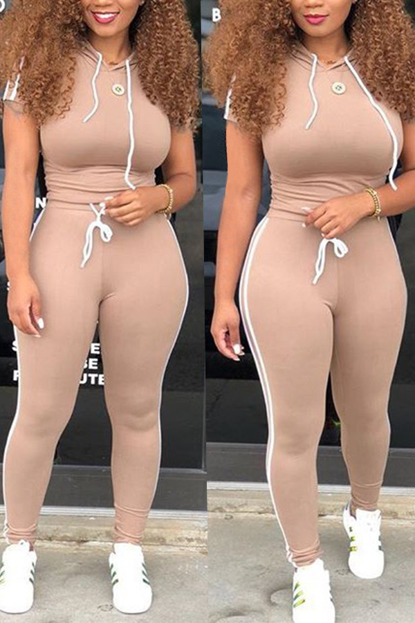

Lovely Casual Hooded Collar Skinny Khaki Blending Two-piece Pants Set