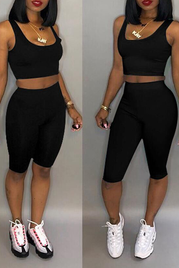 

Lovely Casual Sleeveless Black Twilled Satin Two-piece Shorts Set