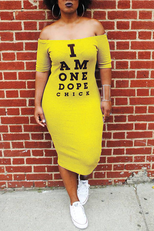 

Lovely Euramerican Letters Printed Yellow Twilled Satin Mid Calf Dress