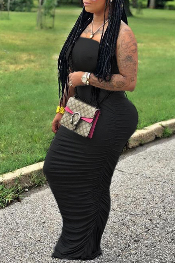 

Lovely Sexy Dew Shoulder Fold Design Black Maxi Dress