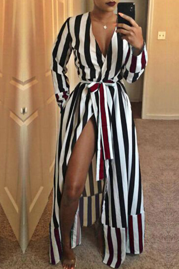 

Lovely Casual Striped Patchwork Black Floor Length Dress