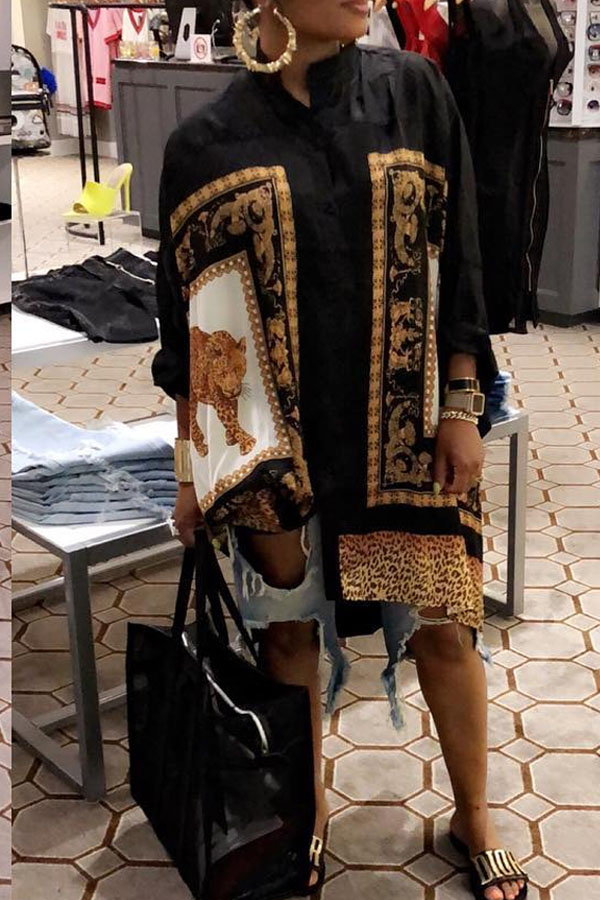 

Lovely Euramerican Long Sleeves Asymmetrical Printed Black Mini Dress