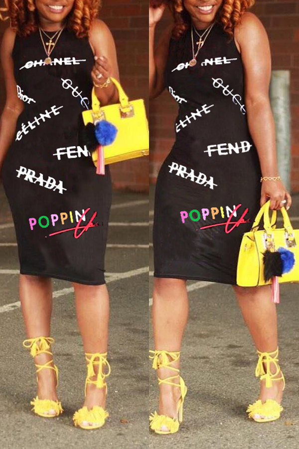 

Lovely Casual Letters Printed Black Knee Length Dress