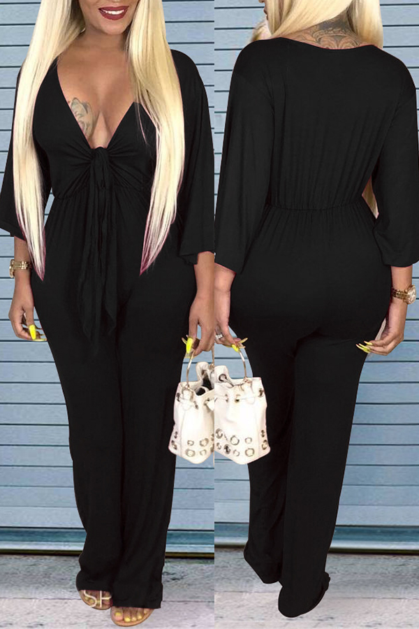 

Lovely Euramerican V Neck Knot Design Black One-piece Jumpsuit