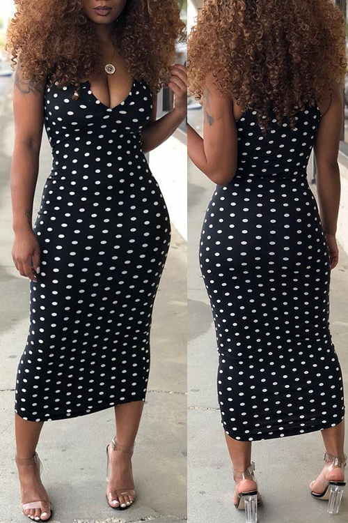 

Lovely Casual Dots Printed Black Cotton Mid Calf Dress