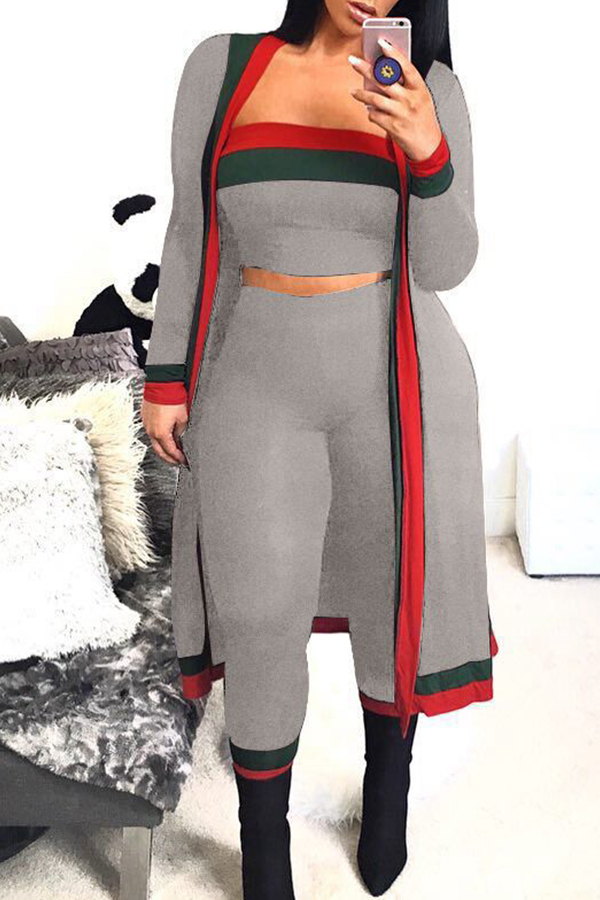 

Lovely Casual Patchwork Grey Blending Two-piece Pants Set(With The Coat)