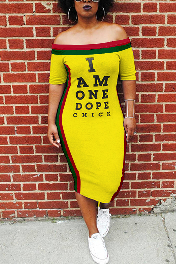 

Lovely Euramerican Letters Printed Patchwork Yellow Knee Length Dress