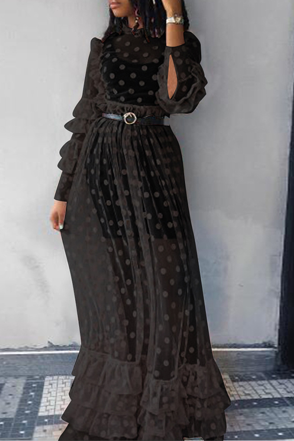 

Lovely Casual Dots Printed Black Gauze Floor Length Dress(Without Subcoating And Belt)