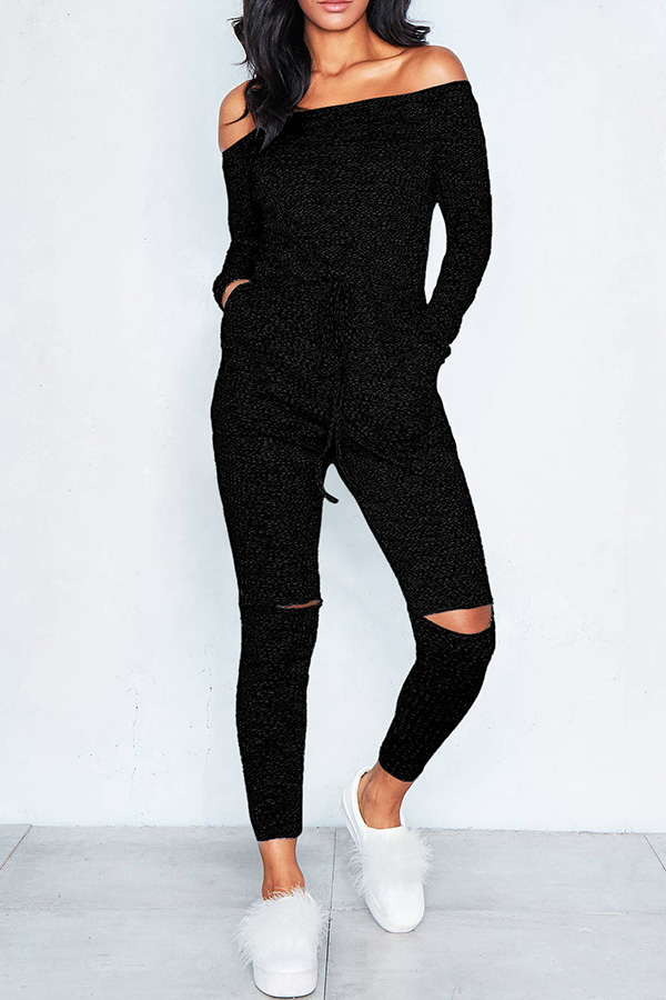 

Lovely Casual Dew Shoulder Broken Holes Black One-piece Jumpsuit