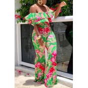 Lovely Fashion Floral Printed Dew Shoulder Green O
