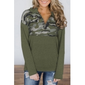 Lovely Casual Camouflage Patchwork Green Hoodies