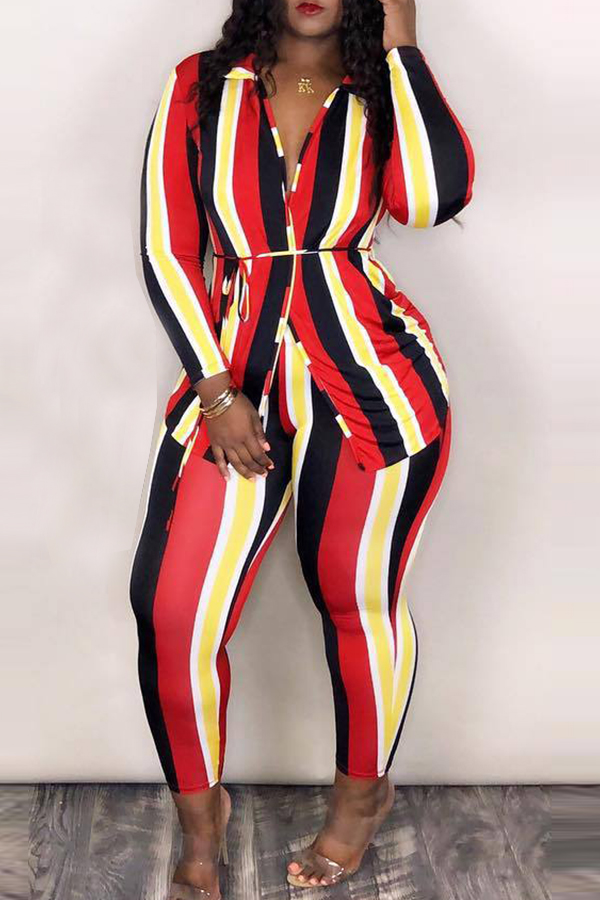 

Lovely Casual Striped Multicolor Twilled Satin Two-piece Pants Set