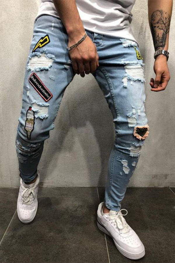 

Lovely Casual Broken Holes Light Blue Cotton Pants