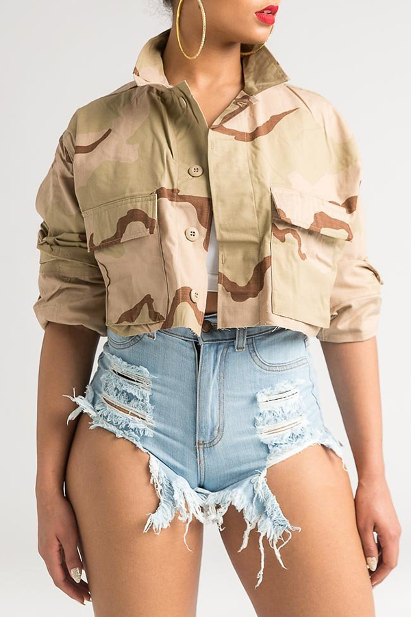 

Lovely Casual Camouflage Printed Short Khaki Jacket