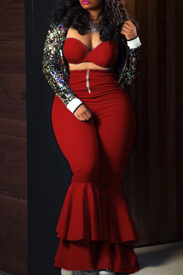 

lovely Stylish Dew Shoulder Red Plus Size Two-piece Pants Set