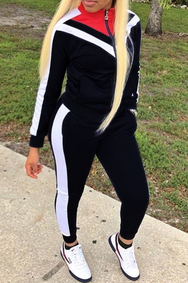 

Lovely Sportswear Patchwork Black Twilled Satin Two-piece Pants Set