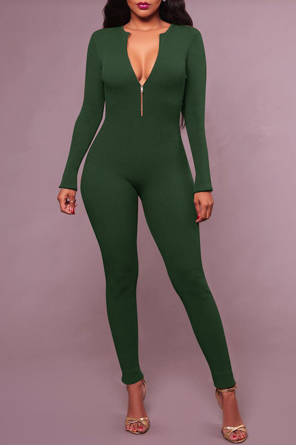 

Lovely Casual V Neck Skinny Army Green Cotton One-piece Jumpsuit(Without Belt)