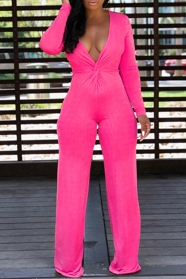 

Lovely Euramerican V Neck Folds Design Rose Red One-piece Jumpsuit