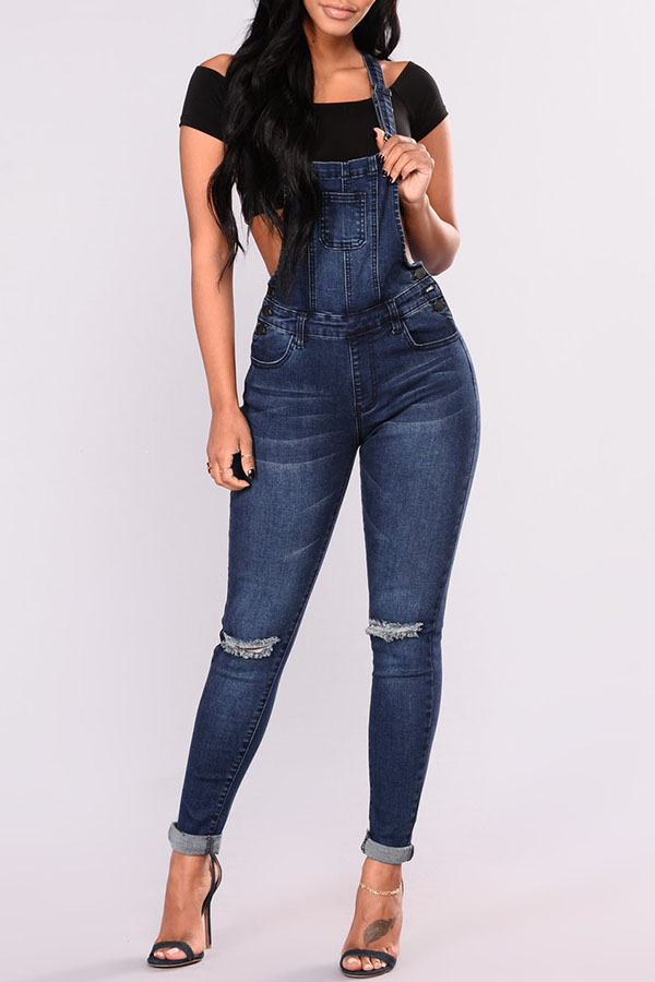 

Lovely Casual Broken Holes Skinny Deep Blue Denim One-piece Jumpsuit