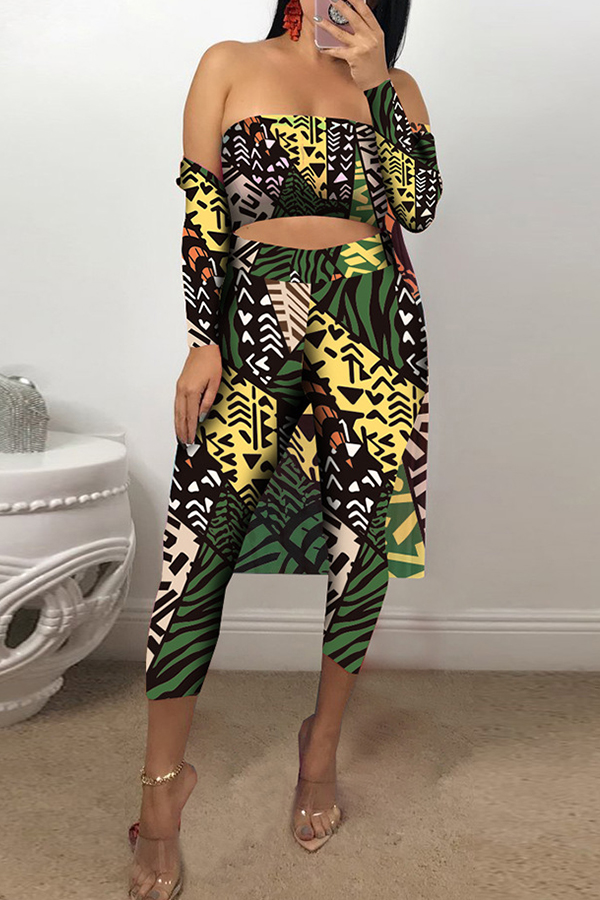 

Lovely Casual Printed Green Knitting Two-piece Pants Set(With Coat)