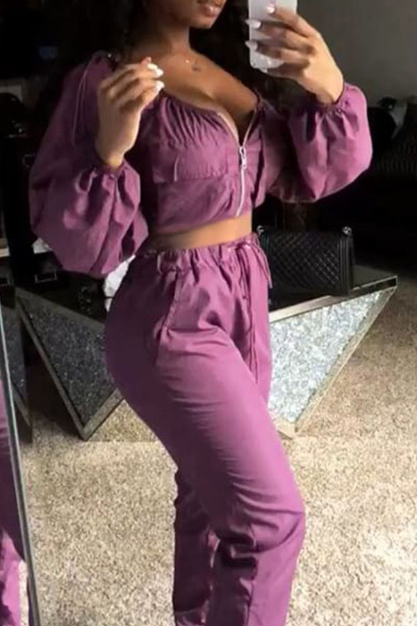 

Lovely Casual Dew Shoulder Purple Two-piece Pants Set