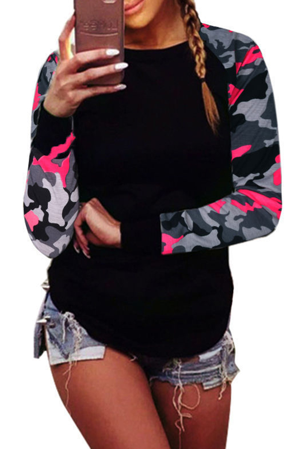 

Lovely Casual Patchwork Camouflage Printed Red T-shirt