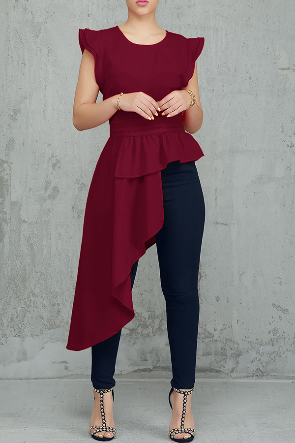

Lovely Trendy Asymmetrical Butterfly Sleeves Wine Red Twilled Satin Blouses