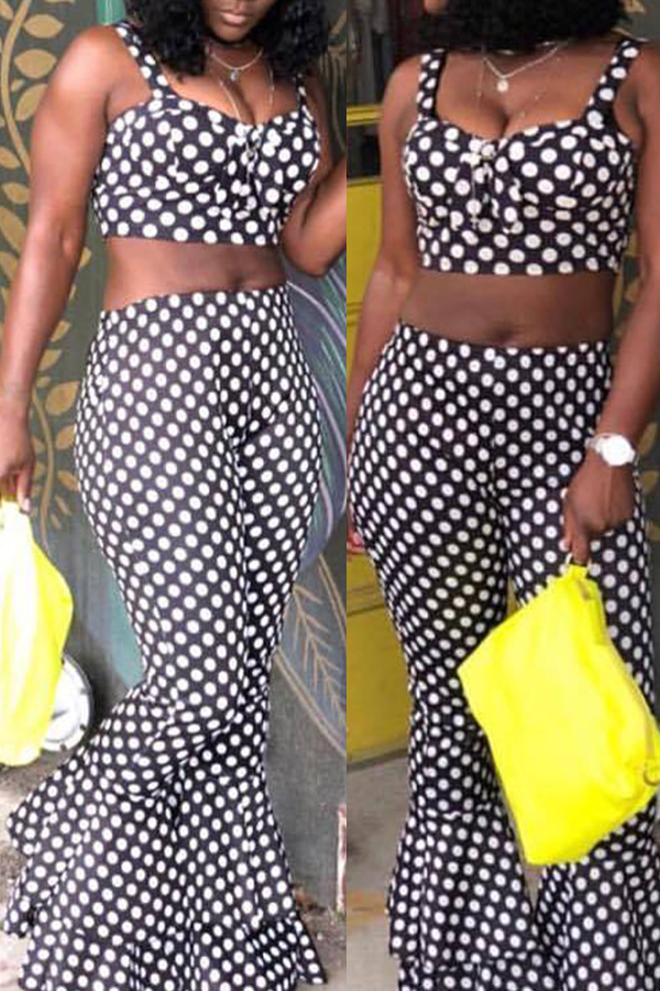 

Lovely African Dots Printed Flounce Black Two-piece Pants Set