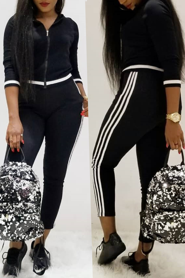 

Lovely Sportswear Striped Black Blending Two-piece Pants Set