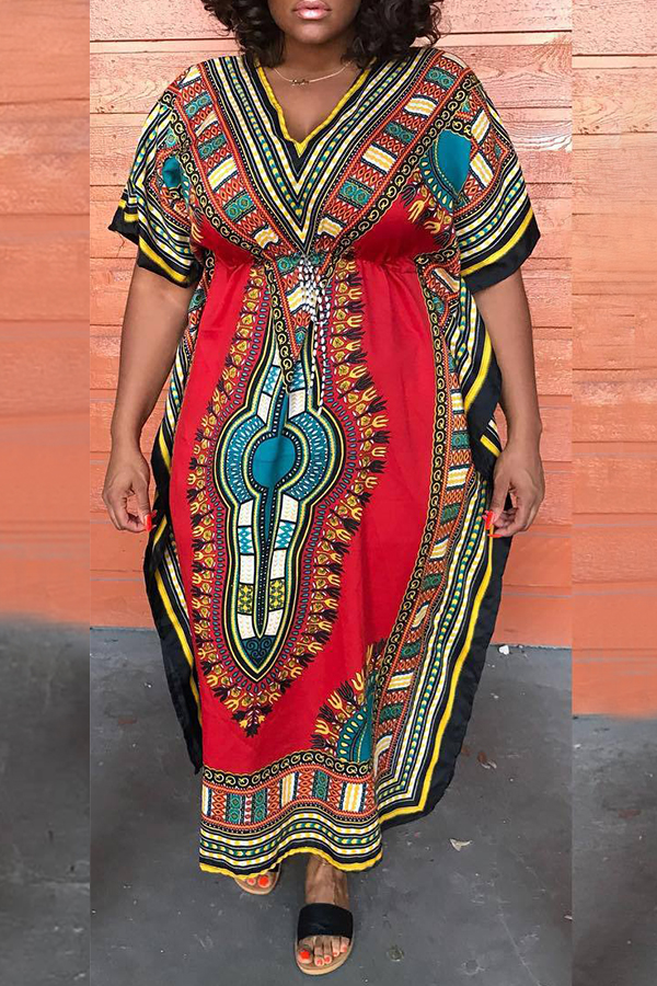 

Lovely Ethnic Printed Loose Red Twilled Satin Ankle Length Dress