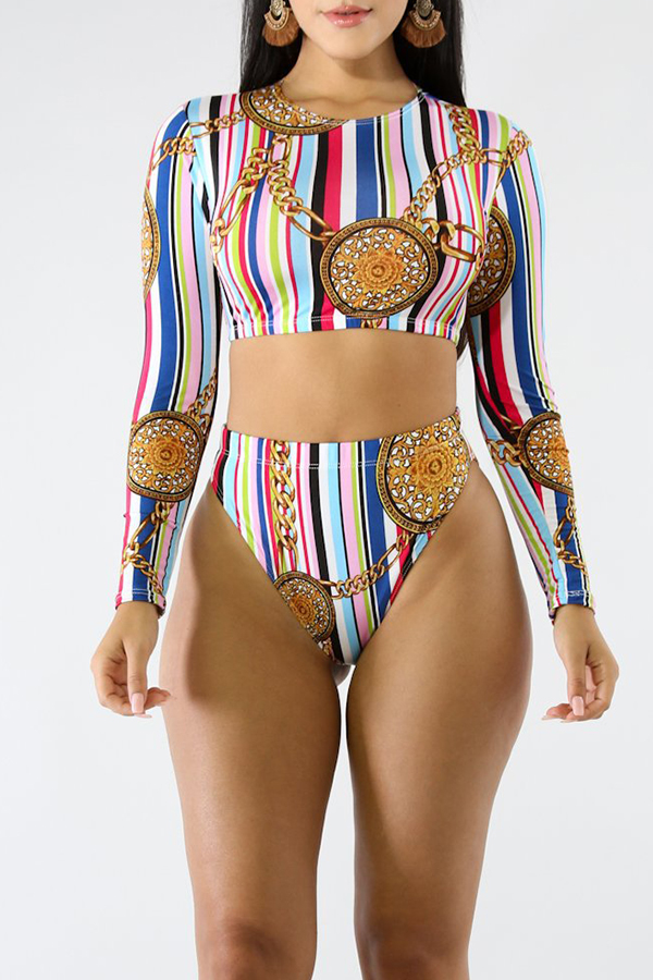 

Lovely Casual Striped Printed Multicolor Two-Piece Swimwear Set