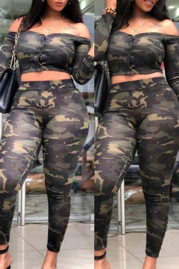

Lovely Euramerican Dew Shoulder Camouflage Printed Two-piece Pants Set