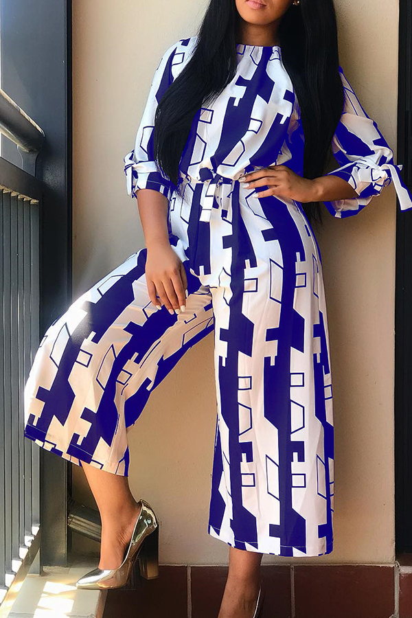 

Lovely Leisure Printed Loose Blue Blending One-piece Jumpsuit