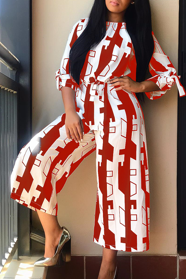 

Lovely Leisure Printed Loose Red Blending One-piece Jumpsuit